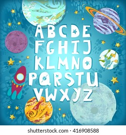 Space Alphabet. Cute Cartoon Planets, rockets and stars, spaceship icons. Kid's card, Childish background. Hand drawn elements, vector illustration.