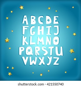 Space Alphabet. Cute Cartoon stars, icons. Kid's card, Childish background. Hand drawn elements, vector illustration.