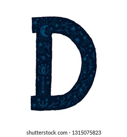 Space alphabet with decorative letter D Stars, moon and constellations Celestial font for kids