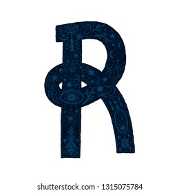 Space alphabet with decorative letter R Stars, moon and constellations Celestial font for kids