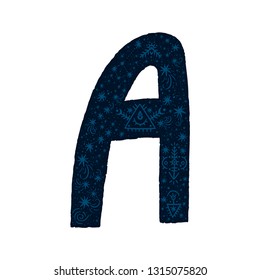 Space alphabet with decorative letter A Stars, moon and constellations Celestial font for kids