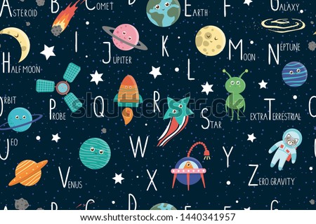 Space alphabet seamless pattern for children. Cute flat English ABC repeating background with galaxy, stars, astronaut, alien, planet, spaceship, probe, comet, asteroid