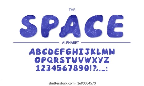 Space alphabet with shining capital letters and numbers isolated on a white background. Font for festive, holidays, children's room interior design. Vector