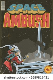 Ilustración de estilo de portada de cómic retro de emboscada espacial. Astronauta y cohete alienígena en el planeta desconocido. Arte retro del espacio del futuro, textura de papel envejecida