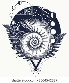 Space ammonite and universe. Tattoo style. Moon phases, sacred geometry t-shirt design. Mystical astrological symbol of mathematics, philosophy, knowledge and science