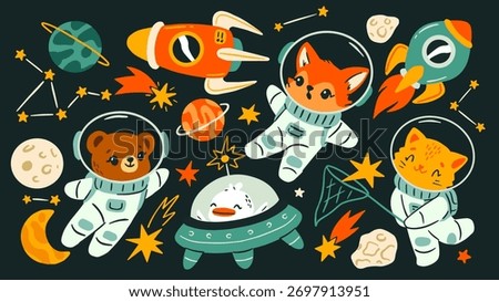Space animal set. Stickers with fox, bear, cat, and duck in spacesuits, rockets, and alien flying saucers. Outer space with stars and planet. Flat vector illustration collection isolated on background