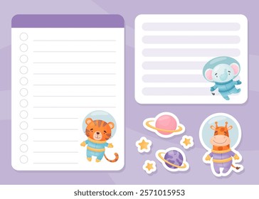 Space Animal in Spacesuit Note Card Design Vector Template