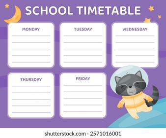 Space Animal in Spacesuit School Timetable Design Vector Template