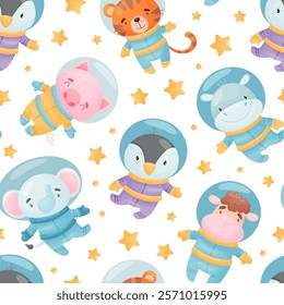 Space Animal in Spacesuit Seamless Pattern Design Vector Template