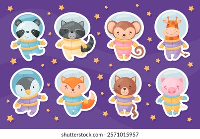 Space Animal in Spacesuit in Starry Sky Vector Set