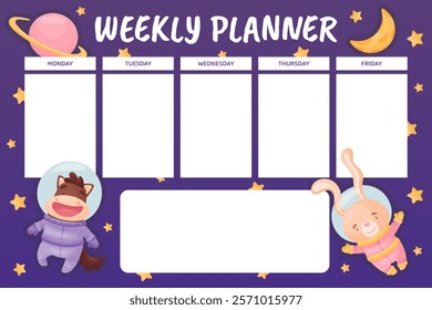 Space Animal in Spacesuit Weekly Planner Design Vector Template