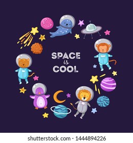 Space animals background. Cute baby animal astronauts flying kid pets cosmonauts cartoon funny spaceman science vector poster. Astronaut and spaceship, penguin and monkey, lion and seal illustration