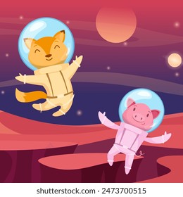 Animales espaciales dibujos animados astronautas divertidas mascotas en trajes volando en el cosmos espacio abierto