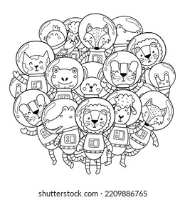 Space animals circle shape pattern for coloring book. Cute animals astronauts in spacesuits coloring page. Doodle style print for kids and adults. Vector illustration