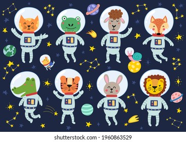 Sammlung von Weltraumtieren. Cute Astronauten im Weltraum Anzüge gesetzt. Katzen, Frosch, Schafe, Fuchs und andere Zeichen. Kosmische Elemente für Kinderdesign, Aufkleber und Plakate. Vektorgrafik