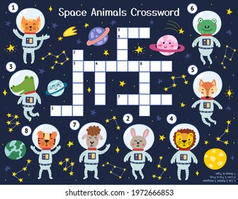 Space animals crossword puzzle with cute characters. Space activity page for kids. Educational sheet for school and preschool. Vector illustration