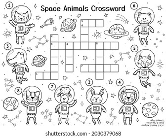 Space animals crossword puzzle with cute characters. Black and white space activity page for kids. Educational coloring sheet for school and preschool. Vector illustration