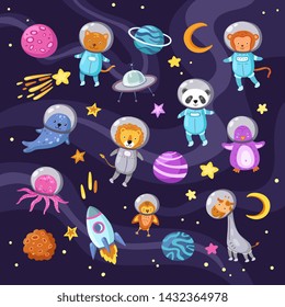 Space animals. Cute baby animal panda cat lion giraffe monkey octopus penguin astronauts flying kid pets cartoon science vector. Illustration of cosmonaut cat and lion, astronaut animal and spaceship