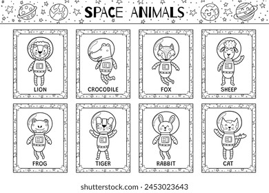 Space animals flashcards black and white collection with cute astronaut characters. Cosmic animals flash cards in outline for practicing reading skills. Vector illustration