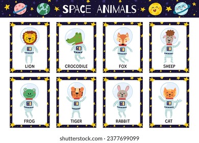 Space animals flashcards collection with cute astronaut characters. Cosmic animals flash cards for practicing reading skills. Learn space vocabulary for school and preschool. Vector illustration