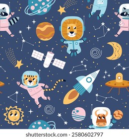 Space animals. Lion, tiger, raccoon and bull astronauts, kids repeated objects, rockets, satellites and planets, vector seamless pattern