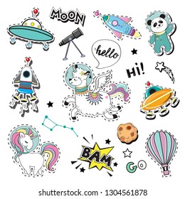 Space animals llama, unicorn, panda and space rocket on a white background