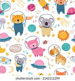 Space Animals Seamless Pattern. Child Cosmos Elements, Cute Planets And Animal Astronauts. Flying Fox And Turtle, Isolated Kids Neoteric Vector Texture