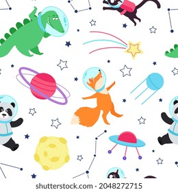 Space animals seamless pattern. Cute animal, galaxy kids adventures print. Cartoon childish wallpaper, astronaut travel in cosmos decent vector set