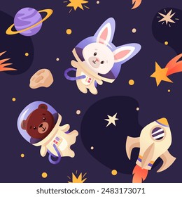 Space Animals Seamless pattern. Cute animal astronauts in space suits, space team in universe, wallpaper kids print vector texture with rockets, stars, planets and moon. 