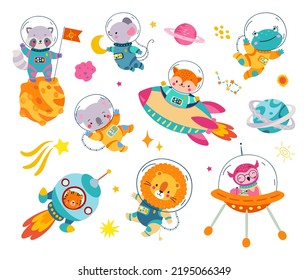 Space animals set in cosmonaut suit. Astronauts flying in rocket and in open universe. Planets, stars comet and constellation. Nowaday cute kids vector animal characters