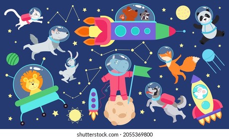 Space animals set. Kid planets, flat cartoon animal astronauts. Cute characters in spaceship, flying in rocket in universe. Children cosmos decent vector elements