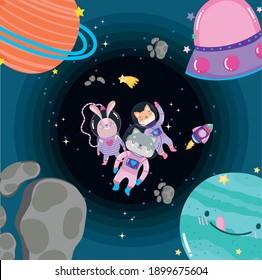 space animals in spacesuit and planets adventure explore cartoon vector illustration