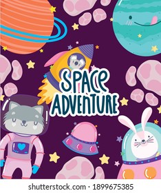 space animals with spacesuit rocket and planet adventure explore cartoon vector illustration