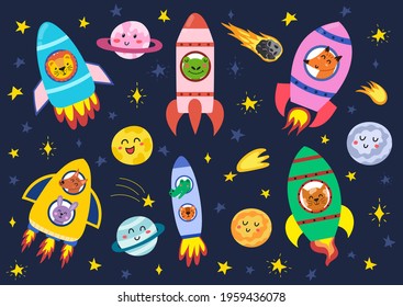 Space animals in their rockets set. Funny astronauts in spaceships - frog, fox, cat, lion, dog and rabbit. Great for nursery prints. Vector illustration