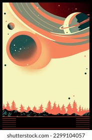 Space anomalies vintage flyer colorful with surface of earth and planets of solar system hanging over forest vector illustration