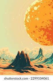 Anomalías espaciales afiche vintage colorido con sol gigante sobre la superficie del planeta sin vida con rocas calientes ilustración vectorial