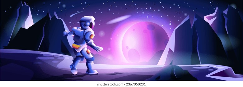 Space at another planet background banner in flat cartoon design. Cosmos fantasy poster with stars sky, different planets and celestial bodies, rocks desert at cosmic surface view. Vector illustration