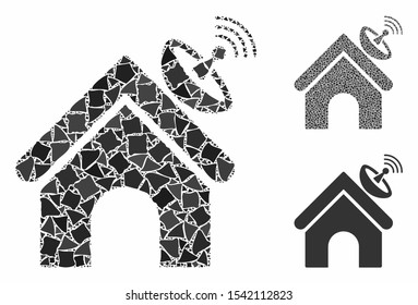 Space antenna building composition of inequal parts in various sizes and color tones, based on space antenna building icon. Vector abrupt parts are organized into collage.