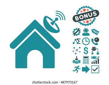 Space Antenna Building icon with bonus images. Vector illustration style is flat iconic bicolor symbols, soft blue colors, white background.