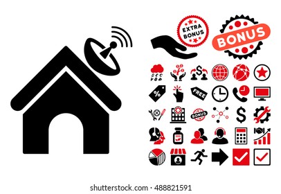 Space Antenna Building pictograph with bonus images. Vector illustration style is flat iconic bicolor symbols, intensive red and black colors, white background.