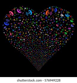Space Antenna fireworks with heart shape. Vector illustration style is flat bright multicolored iconic symbols on a black background. Object salute combined from scattered pictographs.