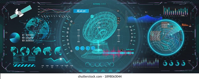 Space antenna with HUD interface display. Sci-fi dashboard with 3D objects - satellite, earth globe, antenna and Futuristic User Interface screens with HUD UI. Control center with hi-tech scanning