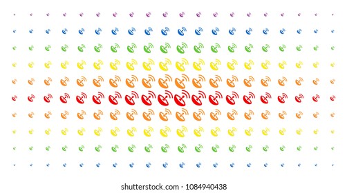 Space antenna icon rainbow colored halftone pattern. Vector space antenna items are arranged into halftone grid with vertical spectrum gradient. Designed for backgrounds, covers,