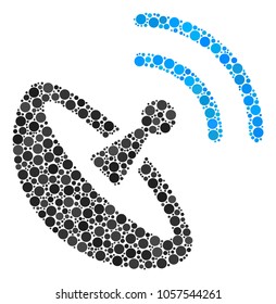 Space Antenna mosaic of filled circles in different sizes and color tones. Circle elements are organized into space antenna vector composition. Vector illustration.