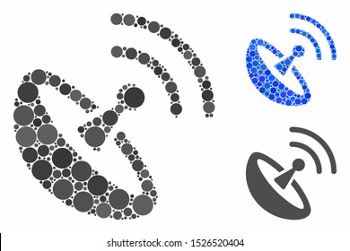 Space antenna mosaic for space antenna icon of round dots in variable sizes and shades. Vector round dots are organized into blue mosaic. Dotted space antenna icon in usual and blue versions.