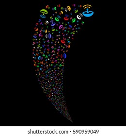 Space Antenna random fireworks stream. Vector illustration style is flat bright multicolored iconic symbols on a black background. Object fountain created from scattered symbols.