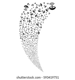 Space Antenna random fireworks stream. Vector illustration style is flat black iconic symbols on a white background. Object fountain created from scattered design elements.