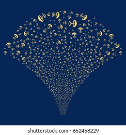Space Antenna salute stream. Vector illustration style is flat yellow iconic symbols on a blue background. Object explosion fountain created from random pictographs.