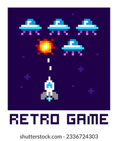 Space Arcade in 8-bit retro video game style pixel graphics. Geek Poster with vintag computer game screen vector illustration
