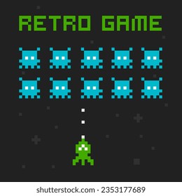 Space Arcade in 8-bit retro video game style poster with "Retro game" slogan. Simple pixel graphics game. Geek Poster with vintage computer game screen vector illustration